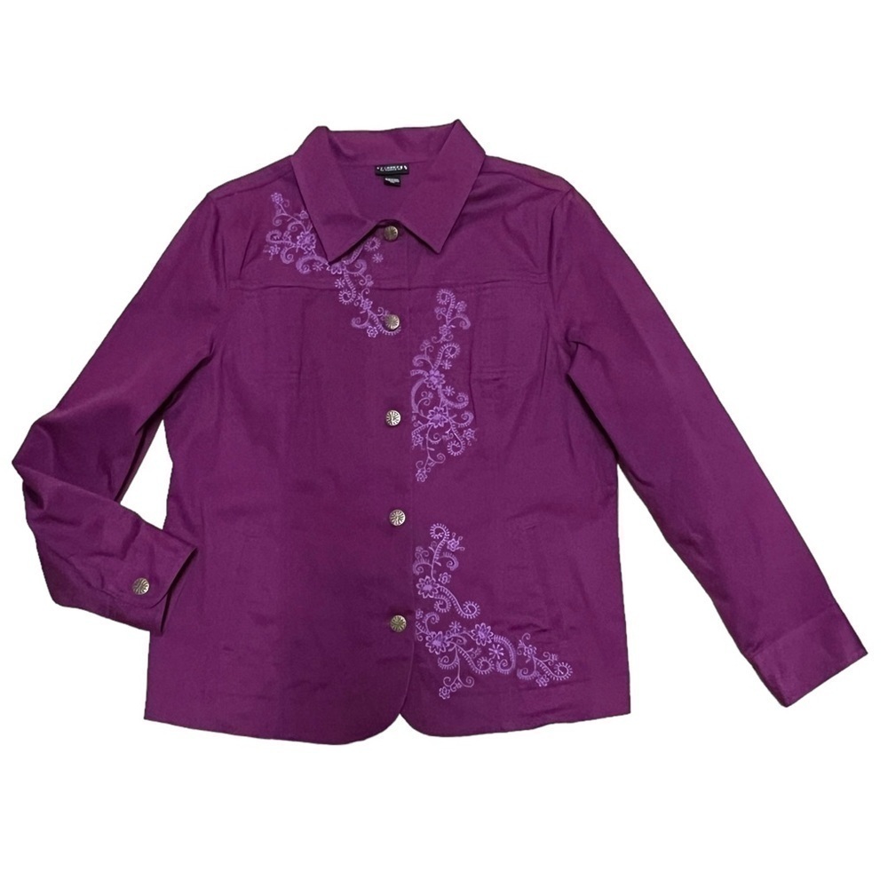 TRILLLOGY by MORNING SUN Purple Floral Denim Long Sleeve Embroidered Jacket, Lg